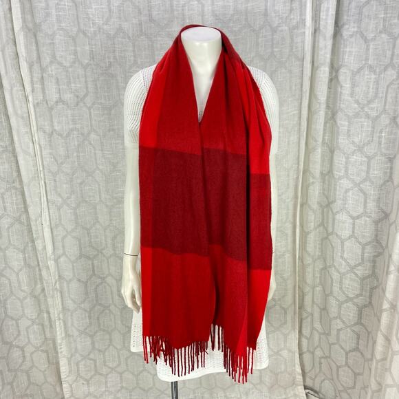 Nina Ricci Pure Cashmere Scarf Fringe Red Burgundy Check Plaid Wrap - Picture 5 of 9